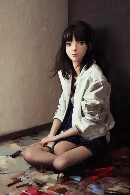 Image similar to A ultradetailed beautiful panting of a stylish girl sitting on the floor of a messy apartment, she is wearing an oversized jacket, Oil painting, by Ilya Kuvshinov, Greg Rutkowski and Makoto Shinkai