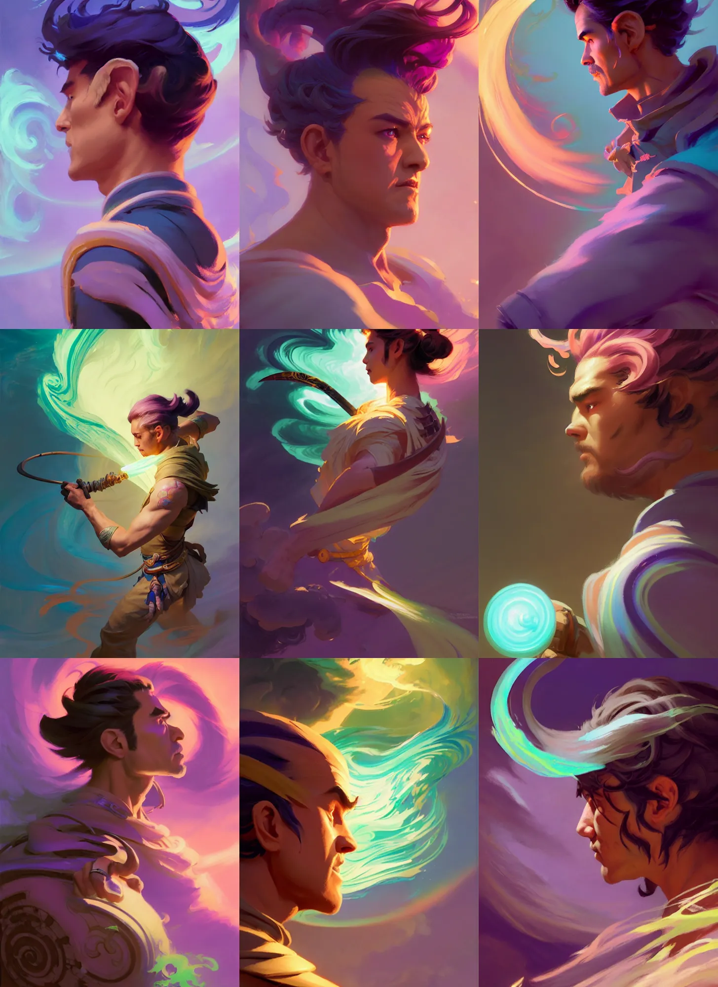 Prompt: side profile, male half - gremlin ranger, gloomhaven, luminescent, colorful swirly magic ripples, pastel colors, by greg manchess, huang guangjian, gil elvgren, sachin teng, greg rutkowski, jesper ejsing, ilya kuvshinov