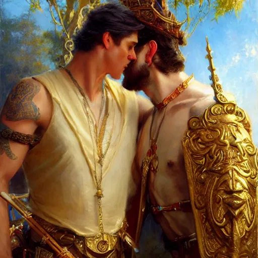 Image similar to attractive fully clothed king confesses his love for his attractive fully clothed male prince. highly detailed painting by gaston bussiere, craig mullins, j. c. leyendecker 8 k