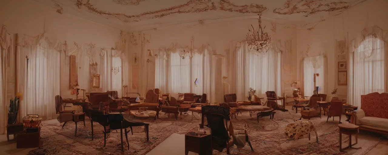 Image similar to wes anderson style interior, vermeer lighting, imax 4 0 mm anamorphic lens, kodak vision 3 2 0 0 t 5 2 1 3