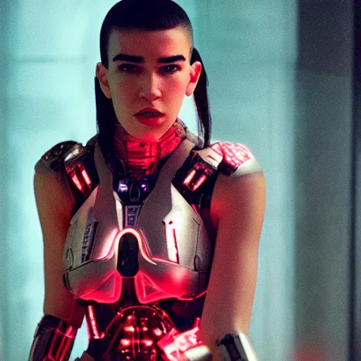 Image similar to movie still of cyborg dua lipa, cinematic composition, cinematic light, criterion collection, by edgar wright