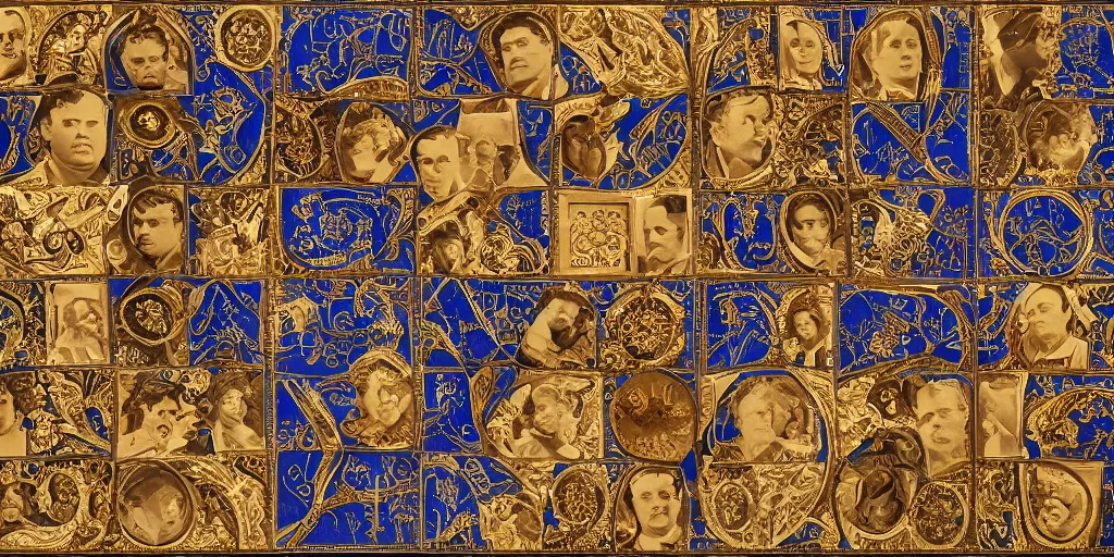 Prompt: a highly detailed ornate and intricate neo classical mosaic of young Orson Welles, gold and cobalt tiles, Hearst Castle, citizen cane, rosebud
