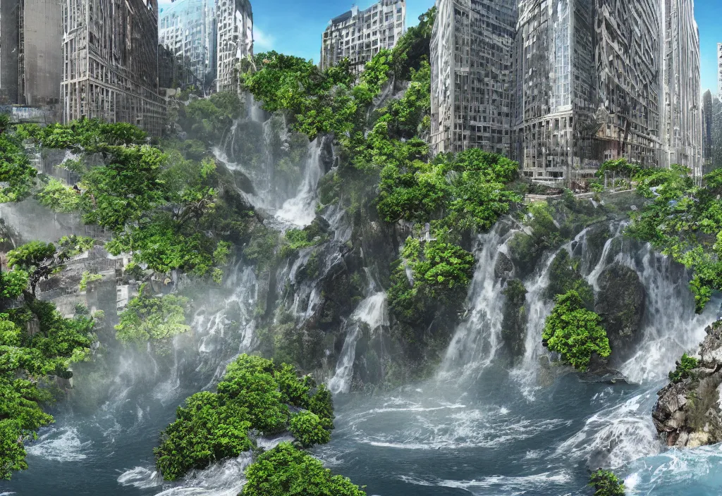 Prompt: outdoor design, 行 云 流 水, a waterfall in the middle of two buildings, high details, 4 k, panorama