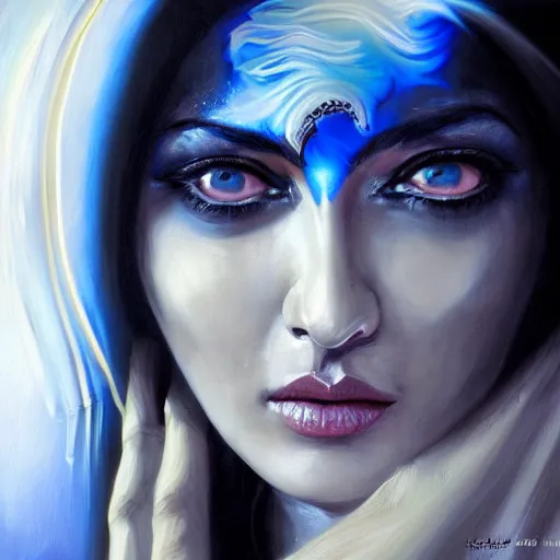 Prompt: India, magic, Beautiful face Portrait of crying young hindu Monica Bellucci, monstrous huge eyes, blue indygo thunder lightning, long wavy black hair, white veil, magic blue fire, closeup, focus face, dramatic lighting, intricate, India, wild, highly detailed, digital painting, artstation, concept art, smooth, sharp focus, illustration, art by artgerm and greg rutkowski and alphonse mucha, footage from space camera