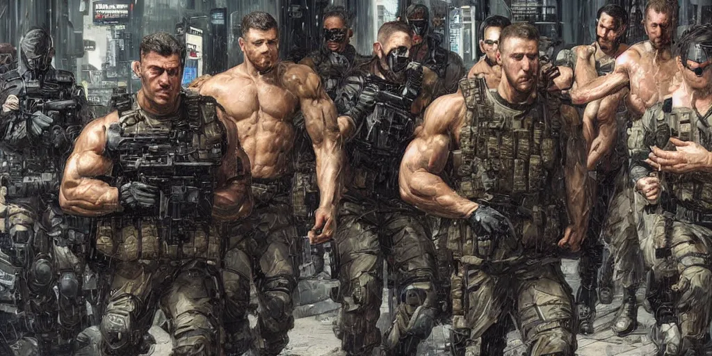 Prompt: strong muscular men soldiers arresting Joe Biden, Joe Biden standing handcuffed in custody, cyberpunk seal team 6 USA in military uniforms and armed, wearing military stealthsuit (cyberpunk 2077, bladerunner 2049, splinter cell, blackops). Angry handsome faces yelling, portrait by john william waterhouse and Edwin Longsden Long and Theodore Ralli and Nasreddine Dinet, oil on canvas. Cinematic, hyper realism, realistic proportions, dramatic lighting, high detail 4k
