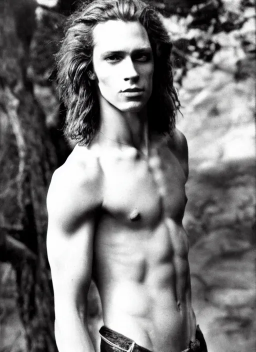 Image similar to a very skinny young Tarzan close-up portrait of young white male, with long dark brown slicked back hair shoulder length