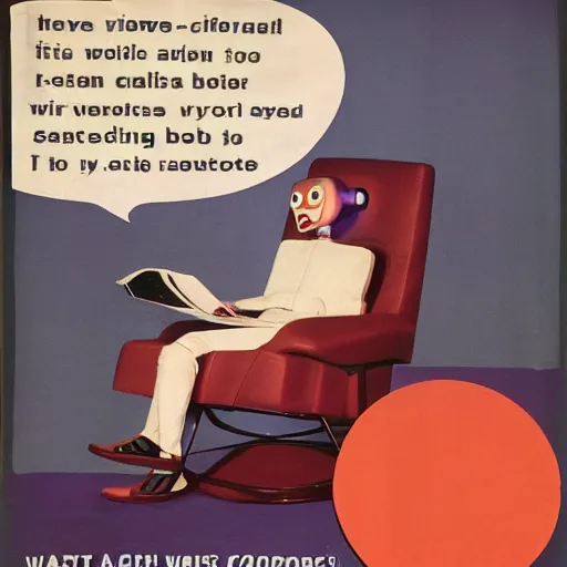 Image similar to Against a white cyc (white cyclorama backdrop) futuristic studious matte brown and red and chrome full-body humanoid robot with two huge round expressive sad purple glowing LED eyes and open rectangular mouth sitting on a large comfortable cushioned 1950s vintage recliner reading a newspaper. open newspaper. full shot Cinematic Movie Photograph, Arri Alexa, Extremely Detailed, smooth, very very clean, white cyc, white background, 8K, octane render, maya render, unreal engine, trending on artstation, DSLR, excellent composition, center frame