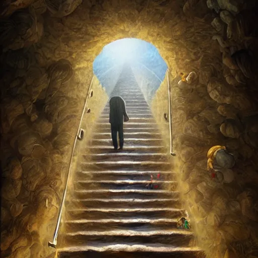 Prompt: a man going into heaven with his wife and children through stairs which is connecting magical world to heaven, realistic, concept art trending on artstation, glowing effect, golden ratio, rule of thirds, illustration, digital painting, hyperreal, hyperdetailed, 8k