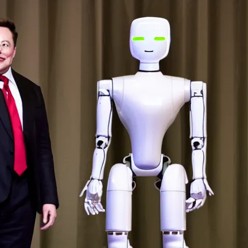Image similar to elon musk standing and smiling in a headless robot costume. ai day