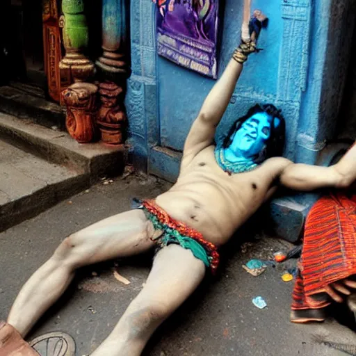 Prompt: blue bodied lord shiva lying drunk on the street