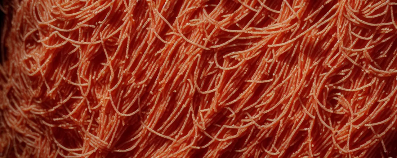 Prompt: full bleed macro shot of spaghetti texture, intricate, canon 1 0 0 mm, cinematic lighting, wes anderson film, kodachrome