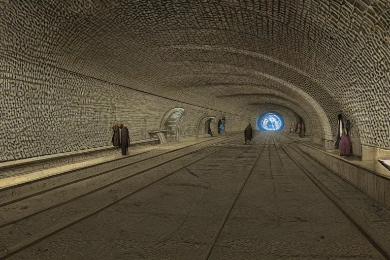 Prompt: intricate, 3 d, subway station, style by caspar david friedrich and wayne barlowe and ted nasmith.