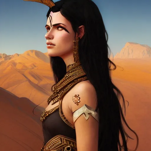 Image similar to portrait of a berber tiefling woman with black hair in a desert, strong, fierce, elegant, fantasy, highly detailed, digital painting, artstation, concept art, character art, art by greg rutkowski and tyler jacobson and alphonse mucha