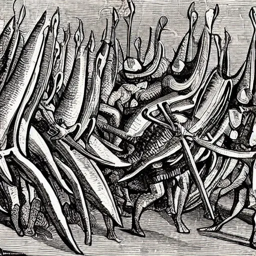 Image similar to medieval european art depicting a giant alien squid attacking a group of knights in a field, very detailed, very intricate,