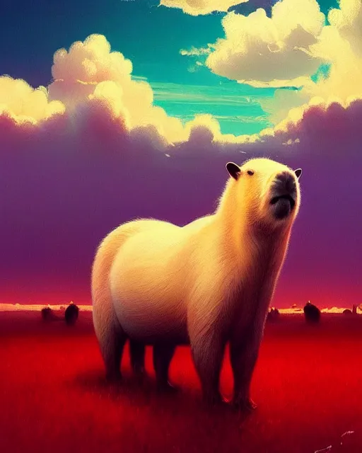 Prompt: white capybara relaxing, surreal photography, synth dramatic light, impressionist painting, colorful clouds, digital painting, artstation, kilian eng, john harris, bastien lecouffe - deharme, simon stalenhag, flower face