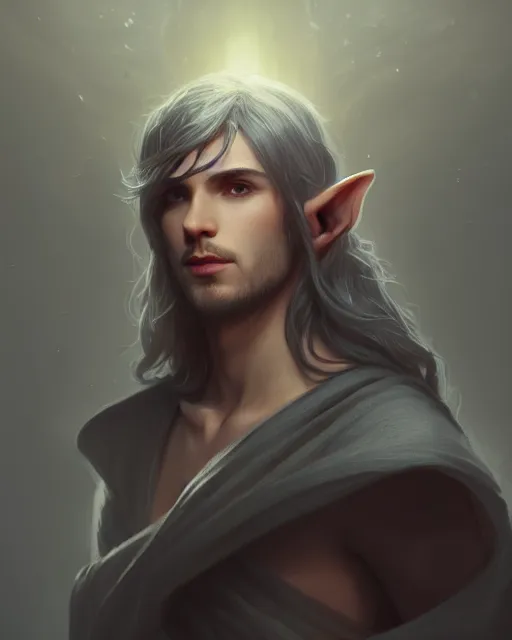 Prompt: portrait, beautiful male elf, long hair, elegant, super detailed, light black robes with silver accenting, silver very ornate jewelry, cape, 8 k, cinematic, backlight, octane render, dusk, warm lighting, artstation, greg rutkowski, rossdraws, william bouguereau, sharp focus