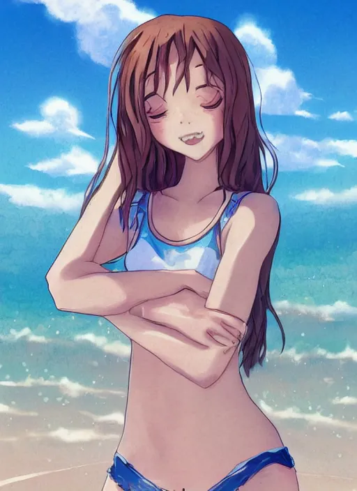 Image similar to girl at a beach, happy, beautiful, finely detailed, made by ross tran, studio ghibli, full body portrait, illustration, shinny water, shinny sand, sunny, anime, front view, perfect anime face, realistic face, zoomed out, smooth, blue eyes, high waisted shorts, sharp focus