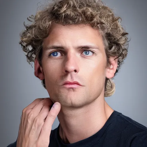 Prompt: full face color photograph of a 40 year old very handsome skinny white man with short, curly, light blond hair and very small slanted blue eyes, dressed in a white t shirt, gray shorts and black socks, with a small mole to the right of his very thin lips, with a straight nose and blond stubble on his round face, and an earring in the left ear. He resembles a lion.