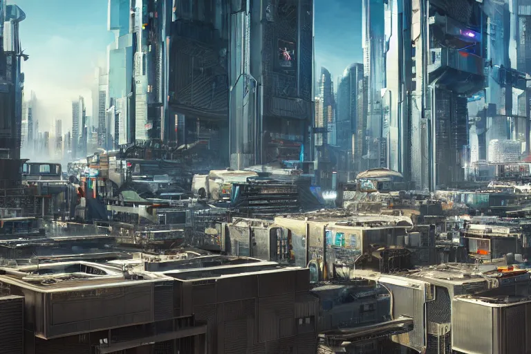 Image similar to rooftop view of a futuristic cyberpunk city highly detailed, photorealistic portrait, bright studio setting, studio lighting, crisp quality and light reflections, unreal engine 5 quality render