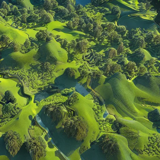 Prompt: large lush landscape, daylight, hyperdetailed, sharp, aerial view, artstation, 3 d render, ray tracing