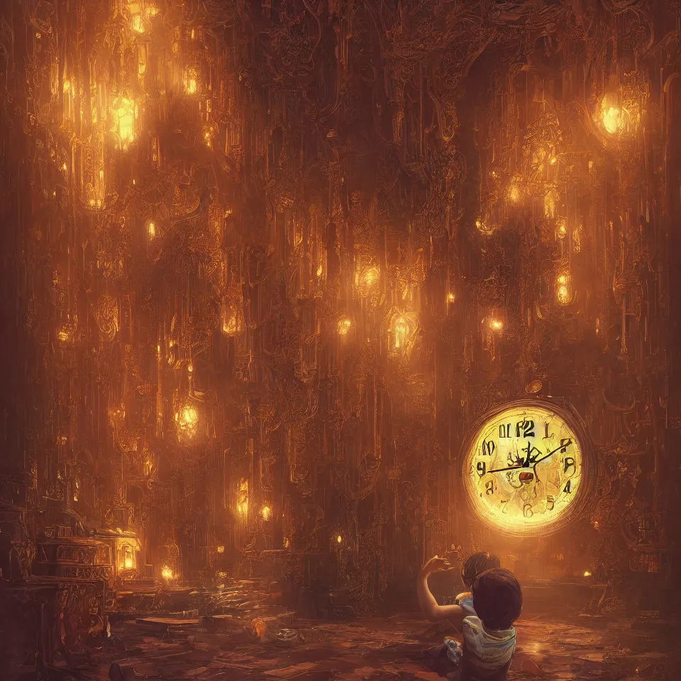 Prompt: a child surrounded by mirror and evil clock, intricate, elegant, glowing lights, highly detailed, digital painting, artstation, concept art, smooth, sharp focus, illustration, bruce pennington, 8 k, very high resolution, processing, extremely hyperdetailed