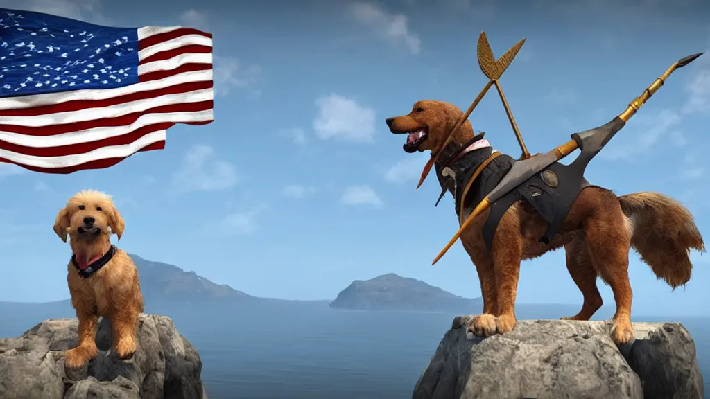 Image similar to a dog with a trident sitting on top of a bald eagle, patriotic, highly detailed, unreal engine