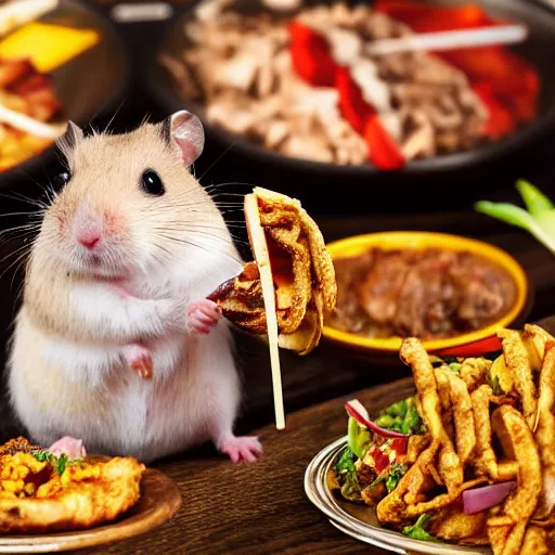 Image similar to detailed photo of a hamster eating a kebab, various poses, full body, daylight, 8 k