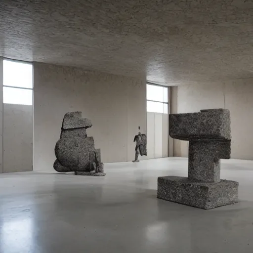 Image similar to sculptures in a brutalist museum