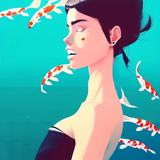 Image similar to a ultradetailed beautiful panting of a stylish woman surrounded by floating koi fish, by conrad roset, greg rutkowski and makoto shinkai, trending on artstation