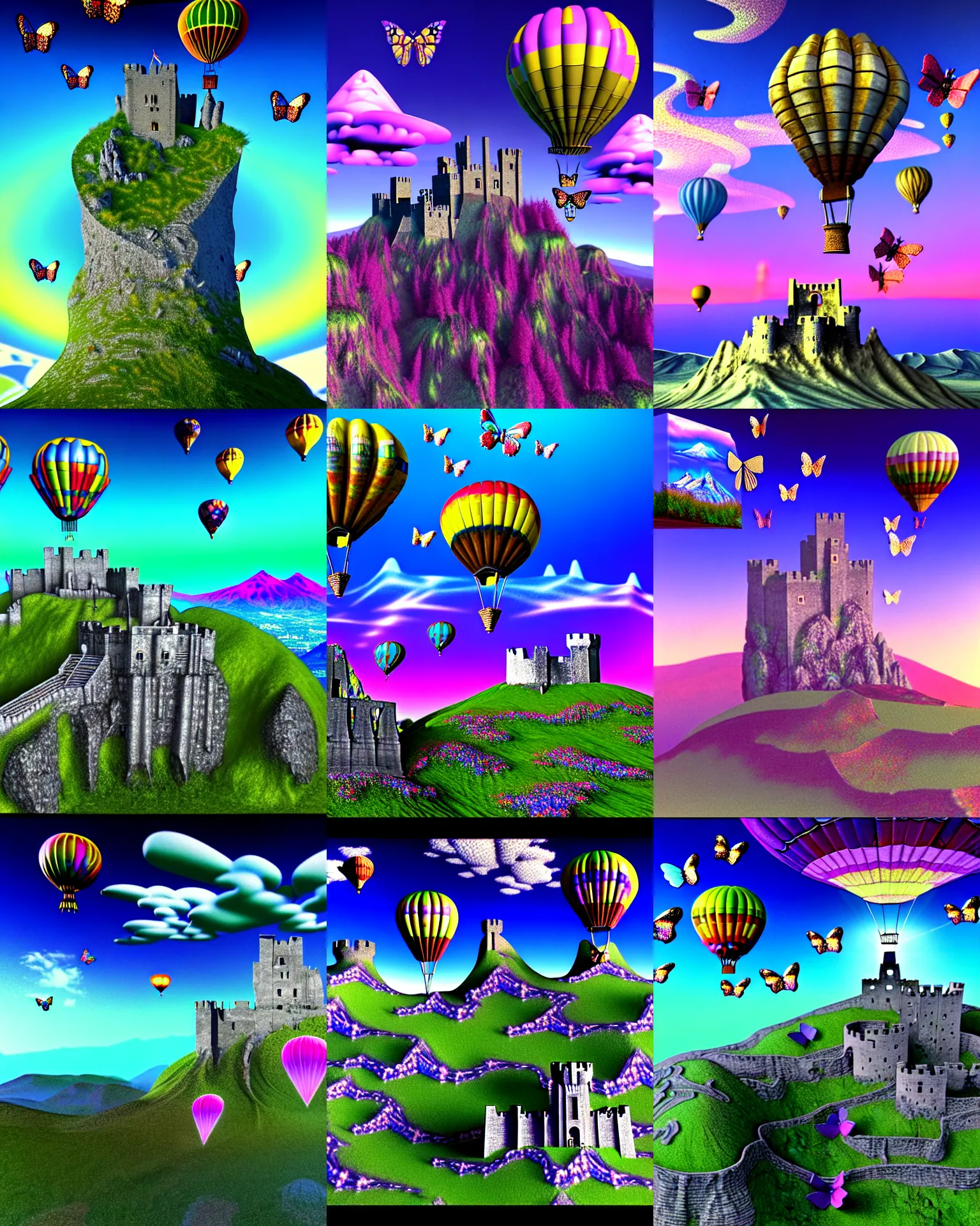 Prompt: 3 d render of cybernetic mountain landscape with castle ruins with angel and hot air balloon against a psychedelic surreal background with 3 d butterflies and 3 d flowers n the style of 1 9 9 0's cg graphics, lsd psx, 3 d rendered y 2 k aesthetic by ichiro tanida, 3 do magazine, wide shot