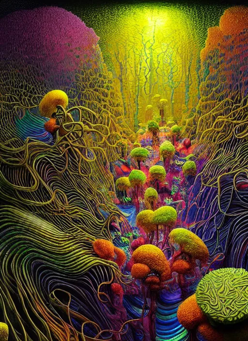 Image similar to hyper detailed 3d render like a Oil painting - the secret forest covered by a network of colorful yellowcake and aerochrome and milky Fruit , exotic flowers and a gossamer polyp blossoms bring iridescent fungal flowers whose spores black the foolish stars by Jacek Yerka, Mariusz Lewandowski, Houdini algorithmic generative render, Abstract brush strokes, Masterpiece, Edward Hopper and James Gilleard, Zdzislaw Beksinski, Mark Ryden, Wolfgang Lettl, Dan Hiller, hints of Yayoi Kasuma, octane render, 8k