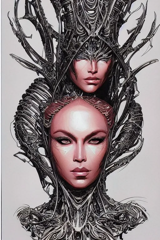 Image similar to beautiful and exotic and other-worldly alien queen bust portrait, sparkling eyes + frontal declotage with thick flowing hair, perfectly symmetrical facial features and muscle anatomy, ultradetailed art and illustration by bill sienkiewicz and chris bachalo and travis charest and chris achilleos, fantasy, intricate complexity, scientific human structure, accurate human anatomy, fantasy character concept, mixed media, watercolor, bleed, hyperrealism 8k