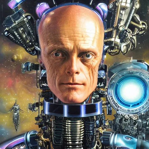 Prompt: uhd hyperrealistic photorealisitc hyperdetailed detailed cosmic matt frewer as a robot, with sparking circuits, studio lighting, by ayami kojima amano karol bak, greg hildebrandt and mark brooks