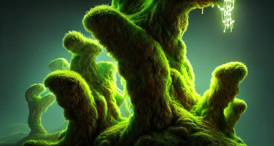 Image similar to a beautiful macro photography of moss with alien fungus, hyperdetailed, warm volumetric lights, made by gerald brom and mike winkelmann