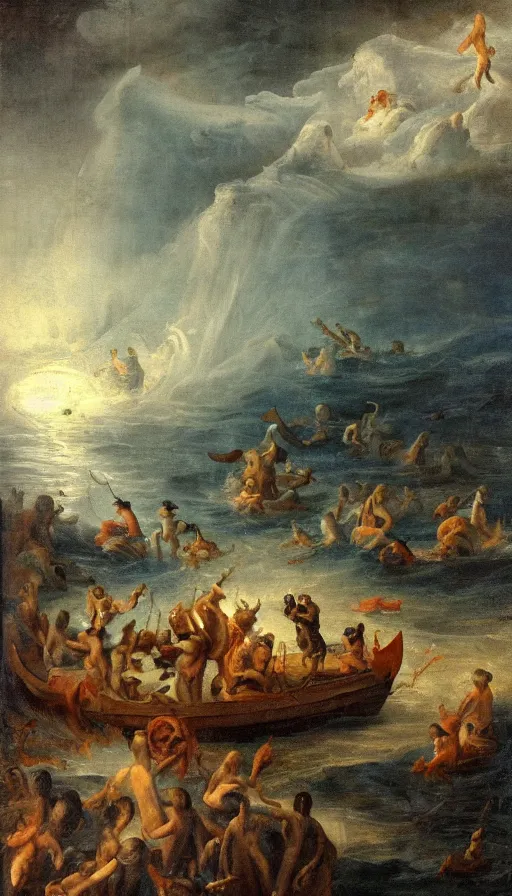 Prompt: man on boat crossing a body of water in hell with creatures in the water, sea of souls, by andre francois