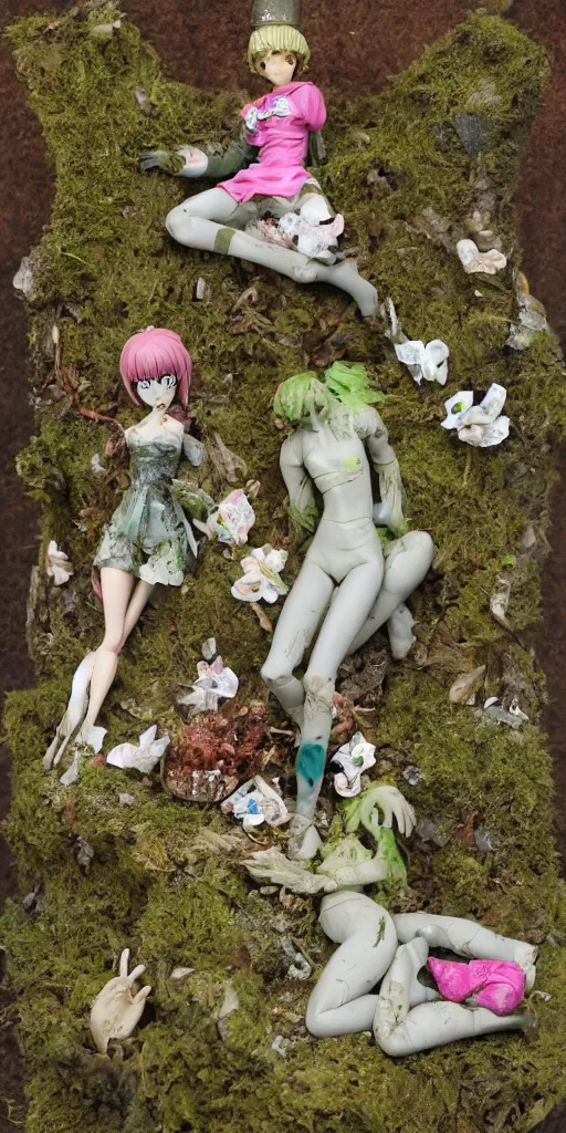 Image similar to plastic princess figure diorama in dirt and moss, secondhand, mcfarlane, cursed photography, middle shot by kazuma kaneko