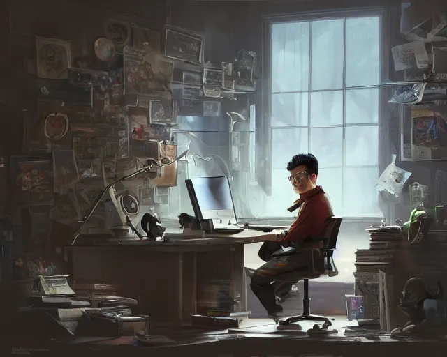 Image similar to an insanely detailed painting of a nerdy asian man wearing a superhero costume, sitting at a desk, staring at the nervously at the computer and typing, in the style of peter mohrbacher, dramatic lighting and composition, octane render, pixar, trending on artstation, concept art, comic book, view from behind