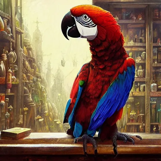 Prompt: Anthropomorphized parrot trader in his shop, art by Greg Rutkowski, shelves full, selling a gem, portrait, items, magic potions, weapons, arcana, carpet, window, fancy funny hat, sly expression , cunning expression, cute expression, presenting magic gem, D&D, fantasy, cinematic lighting, highly detailed, digital painting, artstation, concept art, smooth, sharp focus, illustration, warm light, cozy warm tint, magic the gathering artwork, volumetric lighting, 8k, no gold, no gold colours