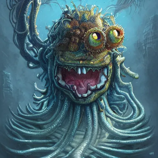 Prompt: portrait of Spongebob as a large Lovecraftian monster, fantasy, intricate, elegant, highly detailed, digital painting, artstation, concept art, smooth, sharp focus, illustration, art by artgerm and greg rutkowski