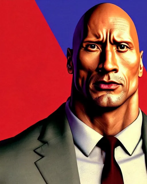 Image similar to dwayne johnson as a politician. 1 9 8 0 s dystopian soviet russia, propaganda screens. unreal engine, fantasy art by jesper ejsing. faithfully depicted facial expression, perfect anatomy global illumination, radiant light, detailed and intricate environment