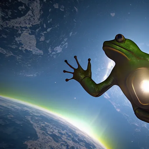 Prompt: frogman corps in space waving hi, unreal engine 6, 4 k, hyper realistic, extremely detailed, coherent,.