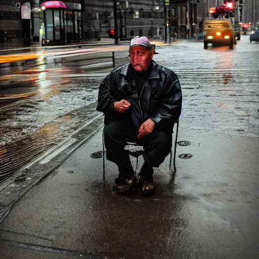 Image similar to closeup portrait of a man fishing in a rainy new york street, photography, natural light