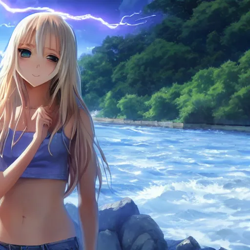 Image similar to a very beautiful anime girl, full body, long wavy blond hair, sky blue eyes, full round face, short smile, cute top, short jeans, summer lake setting, cinematic lightning, medium shot, mid-shot, highly detailed, trending on Artstation, Unreal Engine 4k, cinematic wallpaper by Stanley Artgerm Lau, WLOP, Rossdraws, James Jean, Andrei Riabovitchev, Marc Simonetti, and Sakimichan