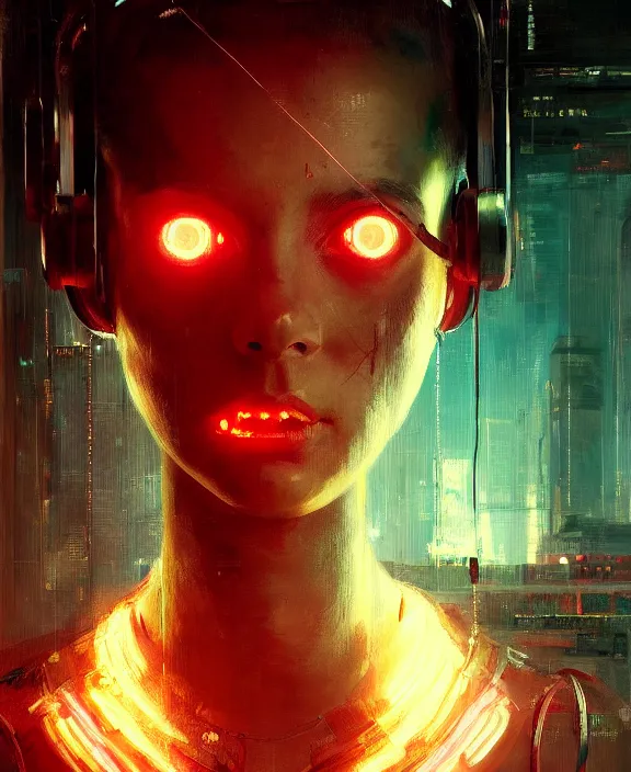 Prompt: portrait of cute robot cyborg girl, wires, neon lights, striking eyes, cyberpunk, highly detailed painting by jeremy mann and cd projekt red