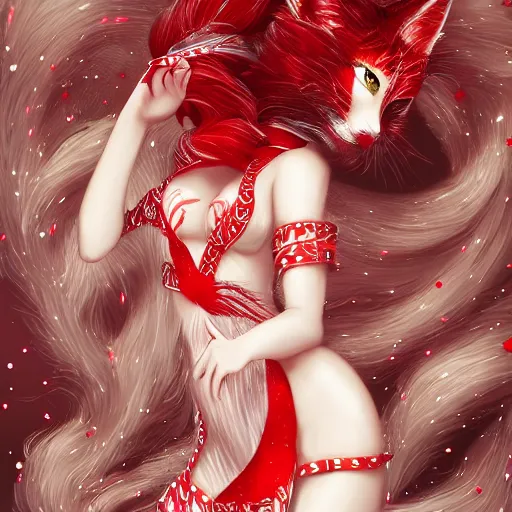 Prompt: kitsune woman nekomimi fancy haircut, full body, intrincate, red and white, glitter, depth of field, 8k, hyper detailed, realistic, trending on artstation