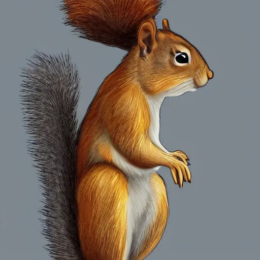 Prompt: a cute squirrel on four in profile whit fluffy fur drawn concept art
