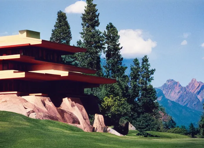 Prompt: photograph of a frank lloyd wright house in front of beautiful mountains by ansel adams, 2 0 0 mm, color film camera, pentax