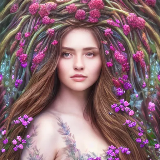 Image similar to a picture of a beautiful woman clothed in flowers and leaves standing in an enchanted forest, high fantasy, elegant, epic, detailed, intricate, digital painting, concept art, realistic detailed face, smooth, focus, rim light, detailed 8 5 mm f / 1. 4, anamorphic lens