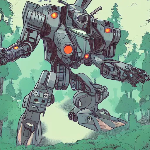 Image similar to mecha moving away from the spacecraft, green forest, smoke, smoth, in the graphic style of Patrick Gleason and Matt James, detailed art, trending on Artstation, sharp focus, Beautiful comic art