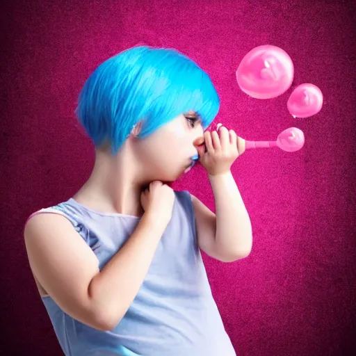 Prompt: girl with blue hair blowing a pink bubble. graphic design